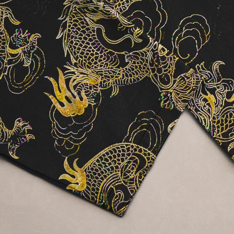 Buddha Stones Pantalones de hombre de algodón con estampado de nube y dragón dorado, corte ajustado y bolsillos. - image 2