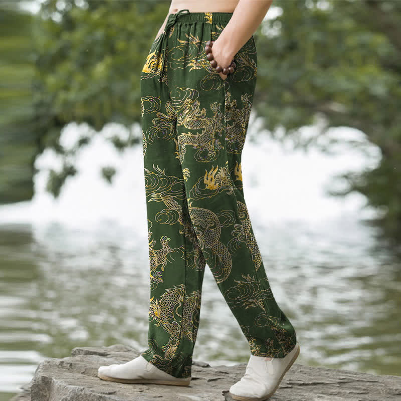 Buddha Stones Pantalones de hombre de algodón con estampado de nube y dragón dorado, corte ajustado y bolsillos. - image 5