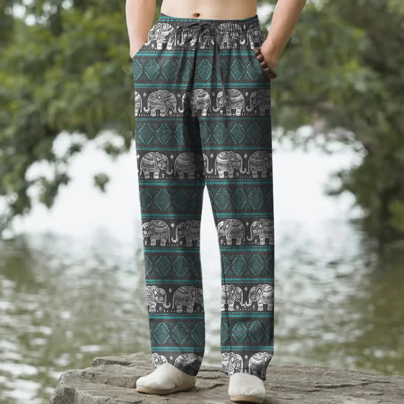 Buddha Stones Pantalones de hombre de algodón con estampado geométrico de rayas y elefantes, corte ajustado y bolsillos. - Verde azulado - US/UK/AU50, EU60 (5XL) - image 4