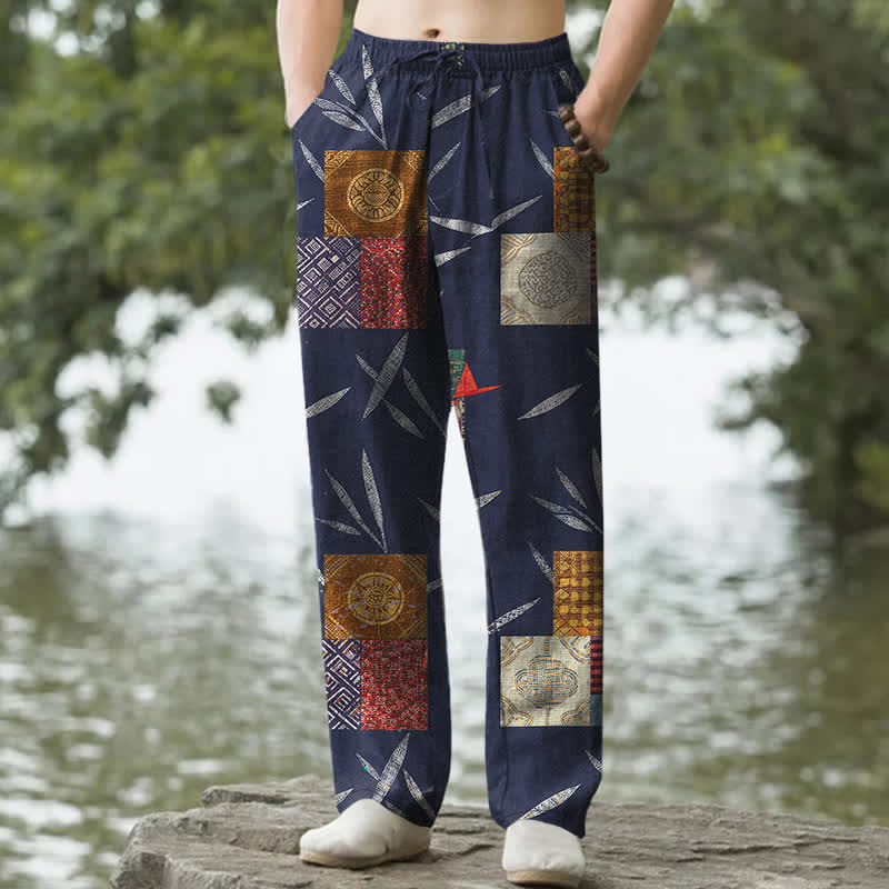 Buddha Stones Pantalones de hombre de algodón estilo bohemio con estampado de hojas y corte ajustado, con bolsillos. - Marina de guerra - US/UK/AU50, EU60 (5XL) - image 0