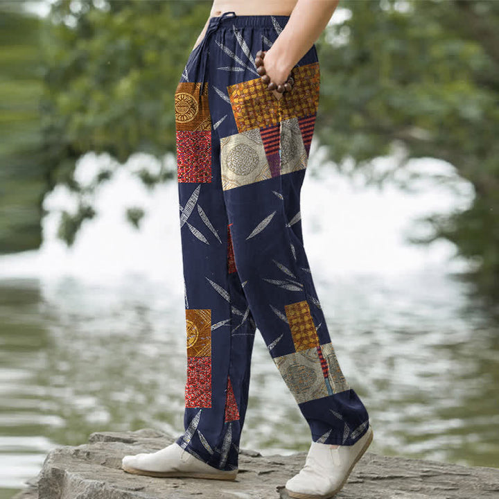 Buddha Stones Pantalones de hombre de algodón estilo bohemio con estampado de hojas y corte ajustado, con bolsillos. - image 1