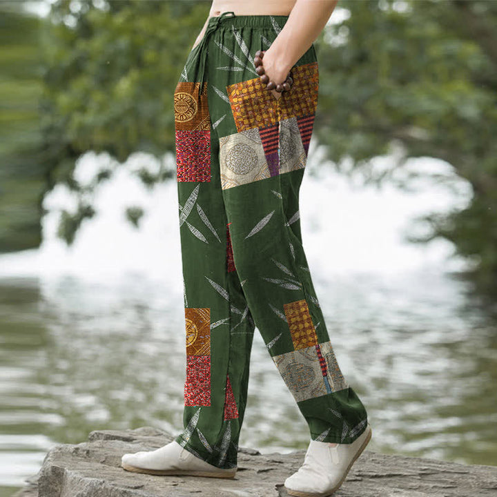 Buddha Stones Pantalones de hombre de algodón estilo bohemio con estampado de hojas y corte ajustado, con bolsillos. - image 5