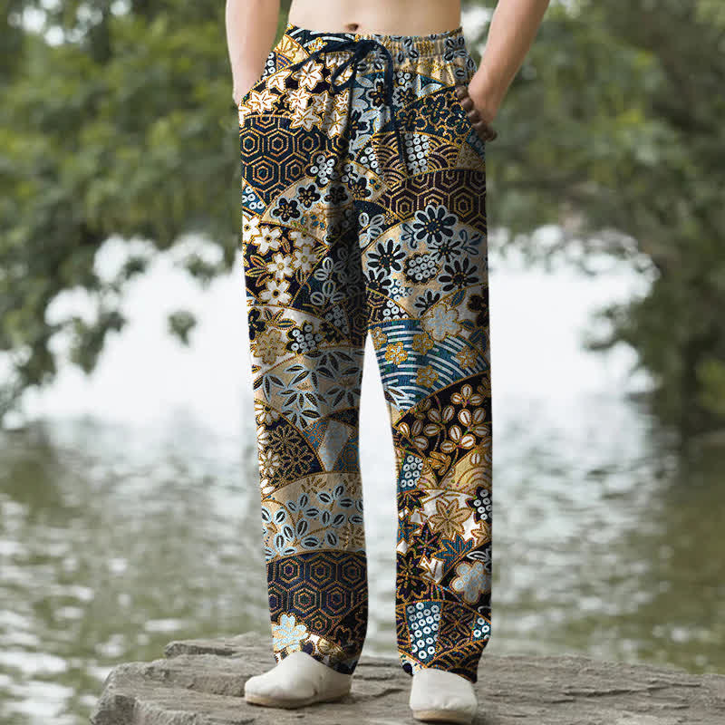 Buddha Stones Pantalones de hombre de algodón con estampado bohemio de patchwork, corte ajustado y bolsillos. - Negro - US/UK/AU50, EU60 (5XL) - image 0