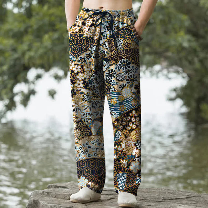 Buddha Stones Pantalones de hombre de algodón con estampado bohemio de patchwork, corte ajustado y bolsillos. - Negro - US/UK/AU50, EU60 (5XL) - image 0
