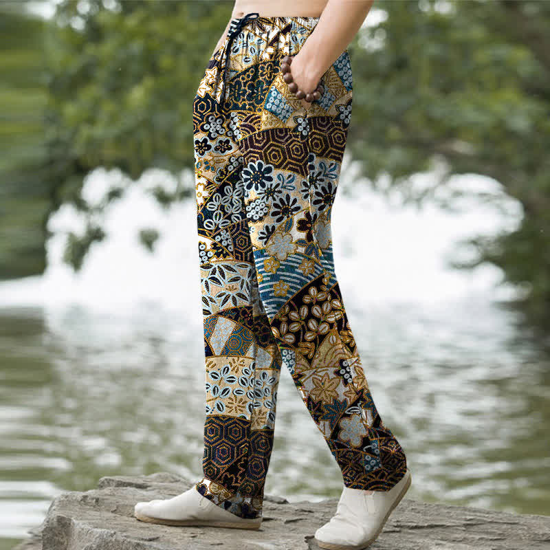 Buddha Stones Pantalones de hombre de algodón con estampado bohemio de patchwork, corte ajustado y bolsillos. - image 1