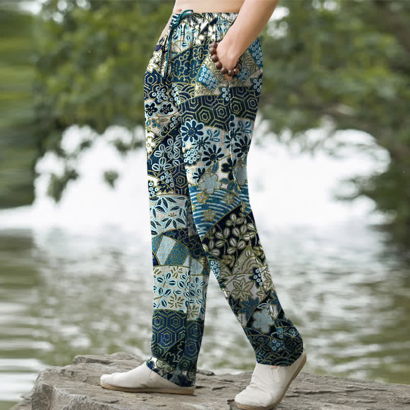 Buddha Stones Pantalones de hombre de algodón con estampado bohemio de patchwork, corte ajustado y bolsillos. - image 5