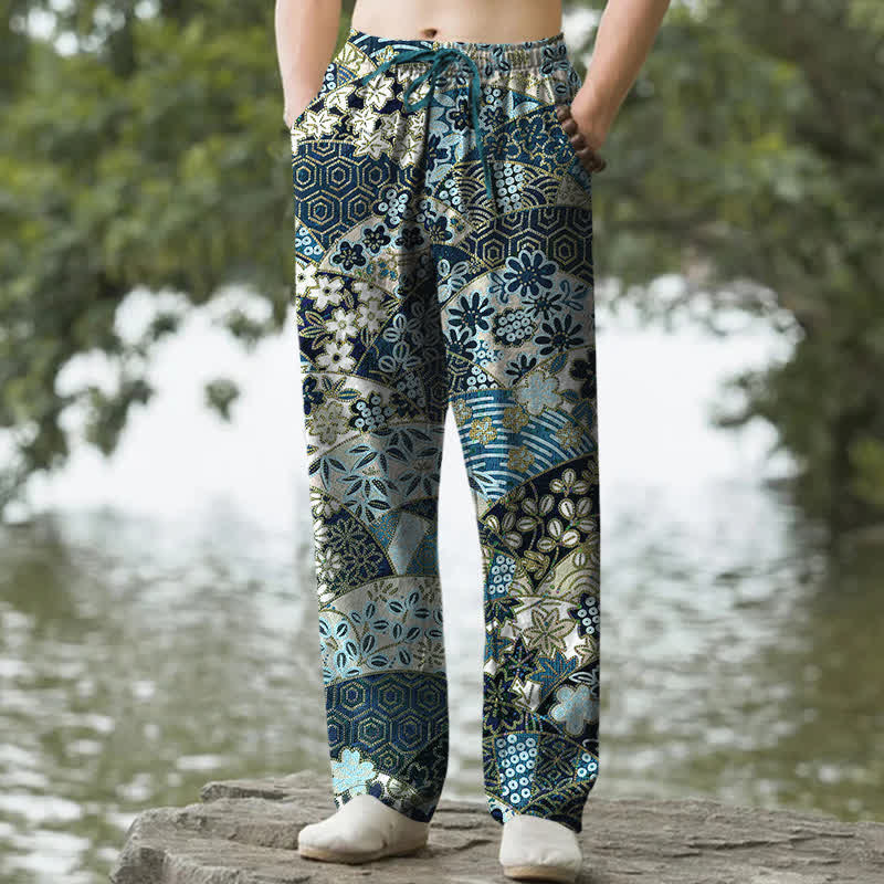 Buddha Stones Pantalones de hombre de algodón con estampado bohemio de patchwork, corte ajustado y bolsillos. - Verde azulado - US/UK/AU50, EU60 (5XL) - image 4