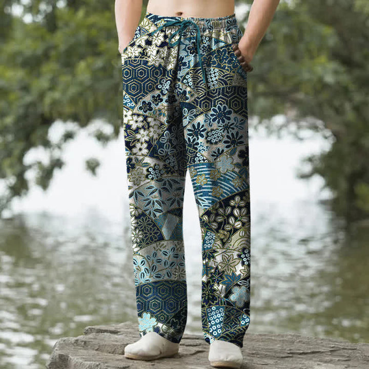 Buddha Stones Pantalones de hombre de algodón con estampado bohemio de patchwork, corte ajustado y bolsillos. - Verde azulado - US/UK/AU50, EU60 (5XL) - image 4