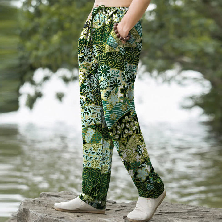 Buddha Stones Pantalones de hombre de algodón con estampado bohemio de patchwork, corte ajustado y bolsillos. - image 7