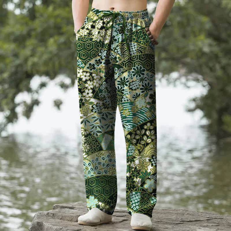 Buddha Stones Pantalones de hombre de algodón con estampado bohemio de patchwork, corte ajustado y bolsillos. - Verde bosque - US/UK/AU50, EU60 (5XL) - image 6