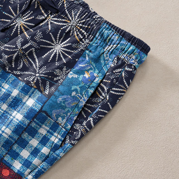 Buddha Stones Pantalones de hombre de algodón con estampado floral en patchwork, corte ajustado y bolsillos. - image 3