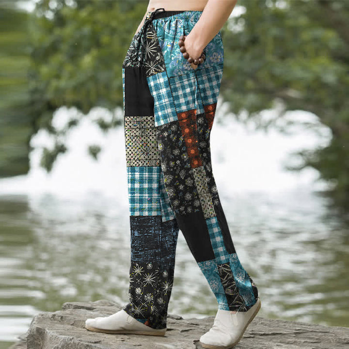 Buddha Stones Pantalones de hombre de algodón con estampado floral en patchwork, corte ajustado y bolsillos. - image 5
