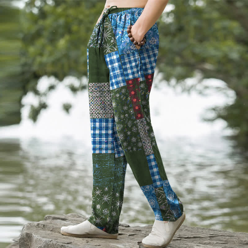 Buddha Stones Pantalones de hombre de algodón con estampado floral en patchwork, corte ajustado y bolsillos. - image 7
