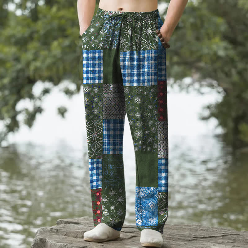 Buddha Stones Pantalones de hombre de algodón con estampado floral en patchwork, corte ajustado y bolsillos. - Verde bosque - US/UK/AU50, EU60 (5XL) - image 6