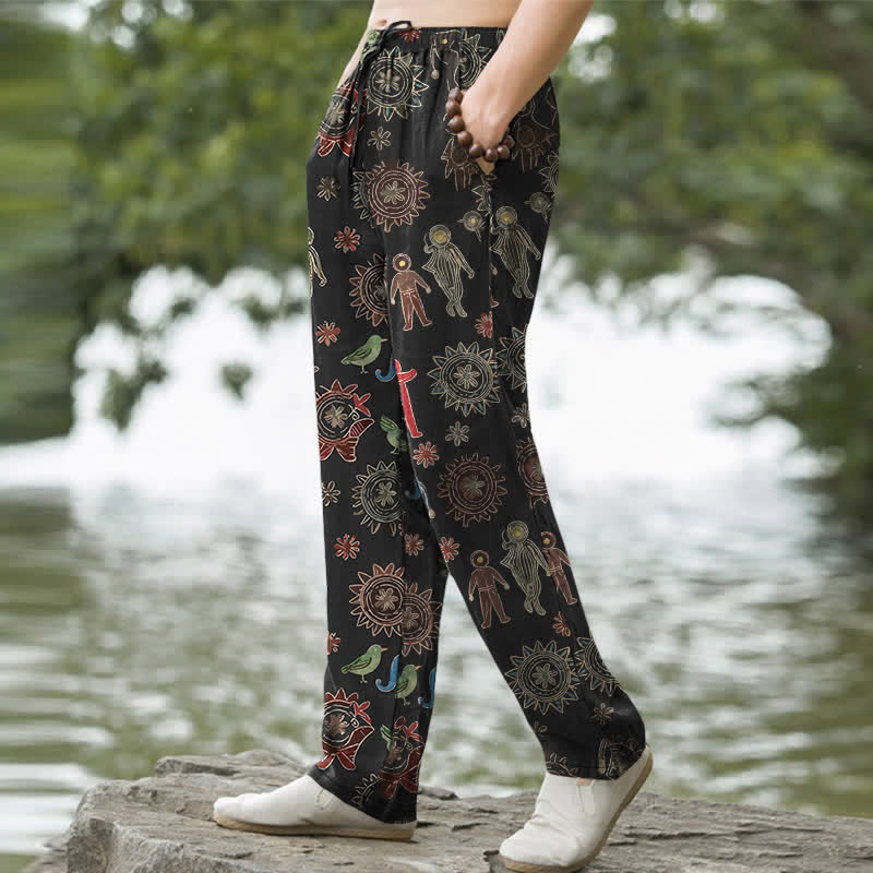 Buddha Stones Pantalones de hombre de algodón con estampado bohemio de figuras de sol, corte ajustado y bolsillos. - image 1
