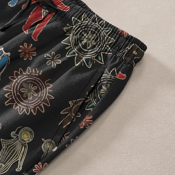Buddha Stones Pantalones de hombre de algodón con estampado bohemio de figuras de sol, corte ajustado y bolsillos. - image 3