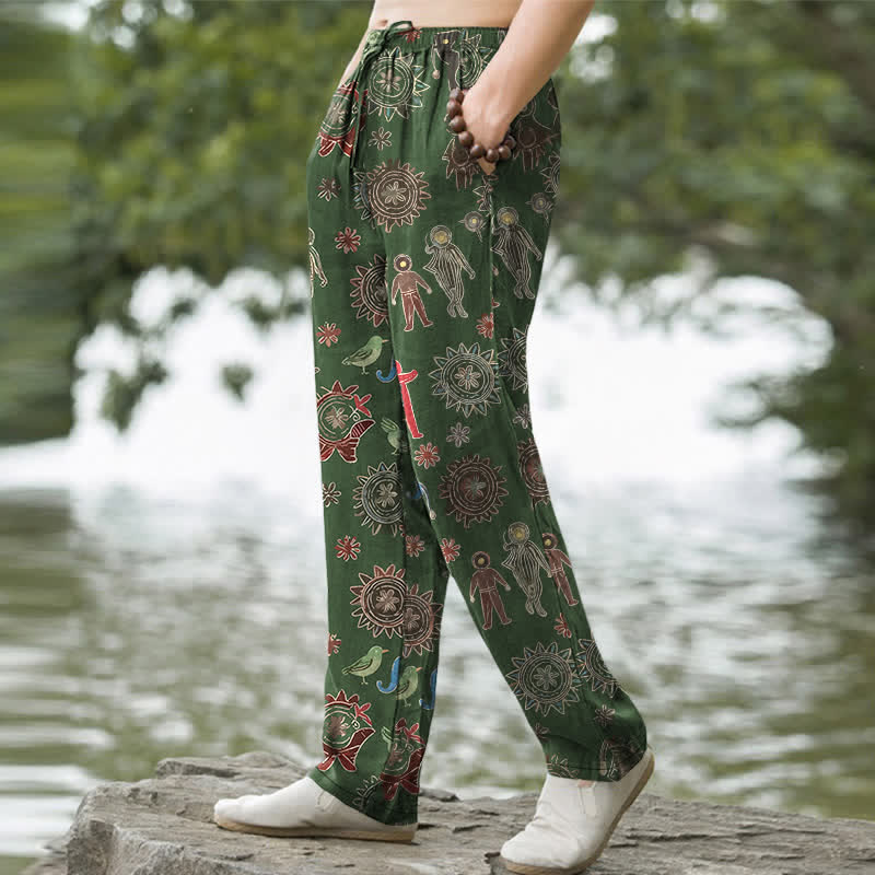 Buddha Stones Pantalones de hombre de algodón con estampado bohemio de figuras de sol, corte ajustado y bolsillos. - image 7