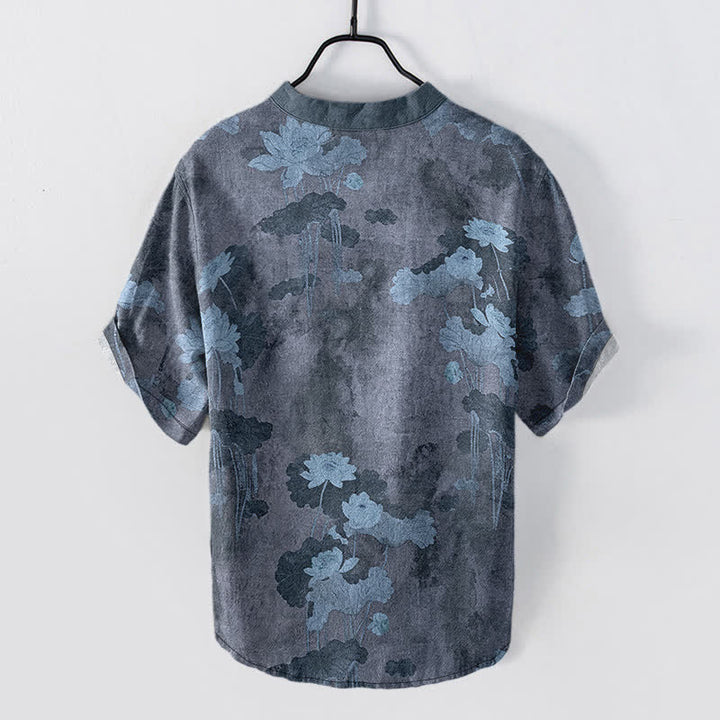 Buddha Stones Camisa de manga corta con medio botón y estampado floral de loto de algodón para hombre - image 6