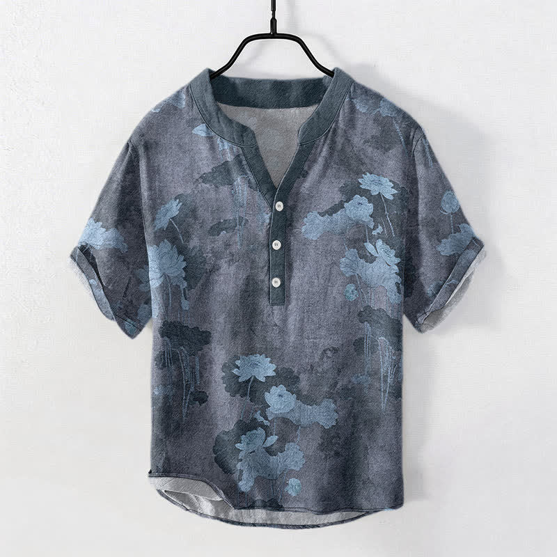 Buddha Stones Camisa de manga corta con medio botón y estampado floral de loto de algodón para hombre - Gris pizarra - US/UK/AU50, EU60 (5XL) - image 5
