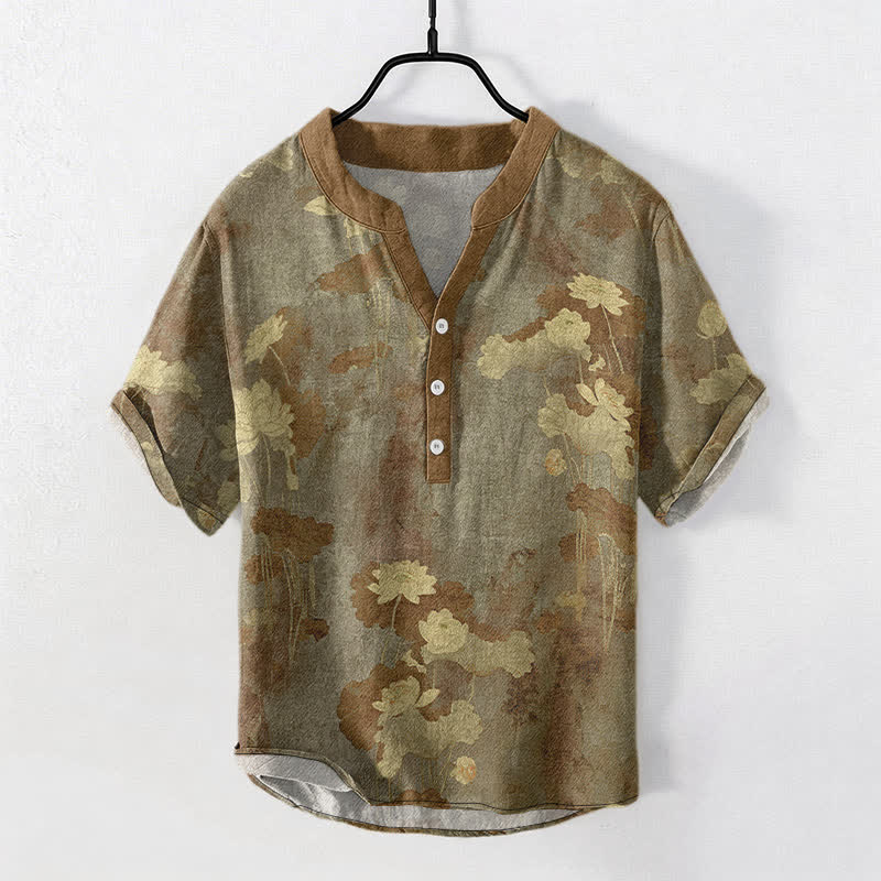 Buddha Stones Camisa de manga corta con medio botón y estampado floral de loto de algodón para hombre - Aceituna - US/UK/AU50, EU60 (5XL) - image 7