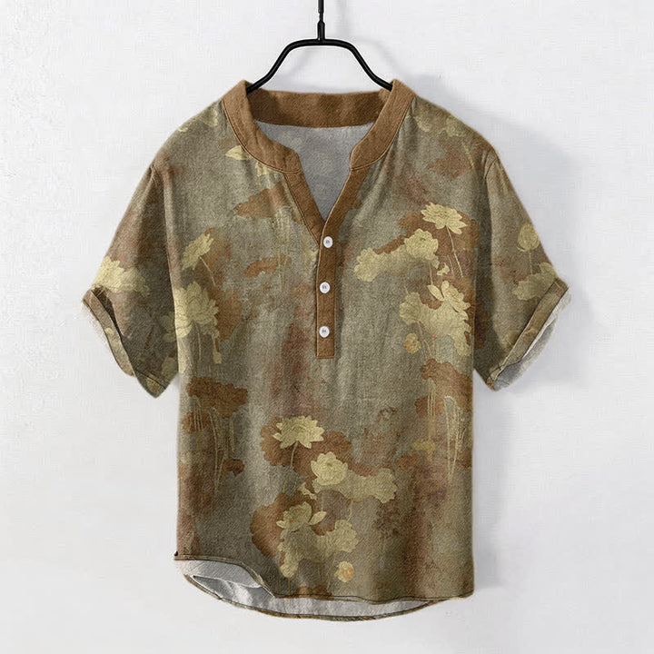 Buddha Stones Camisa de manga corta con medio botón y estampado floral de loto de algodón para hombre - Aceituna - US/UK/AU50, EU60 (5XL) - image 7