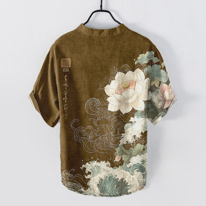 Buddha Stones Camisa de manga corta con medio botón y estampado de ondas de loto de algodón para hombre - image 6