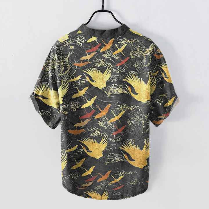 Buddha Stones Camisa de manga corta con medio botón para hombre, de algodón, con estampado de grullas voladoras y olas. - image 1