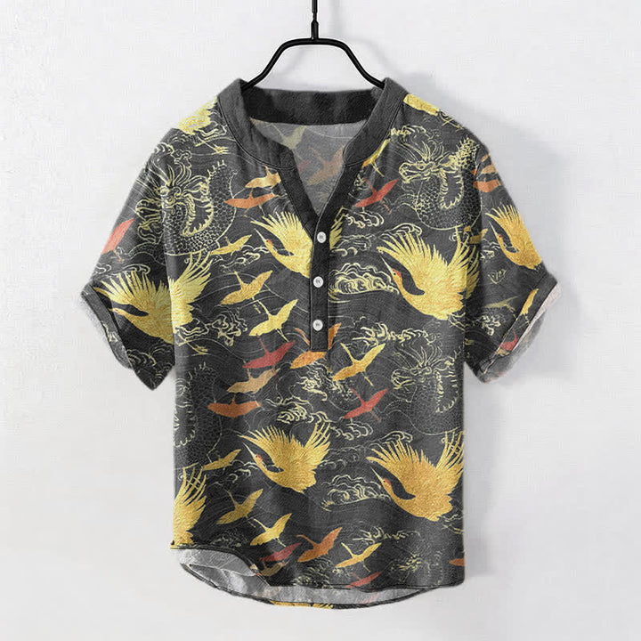 Buddha Stones Camisa de manga corta con medio botón para hombre, de algodón, con estampado de grullas voladoras y olas. - Gris oscuro - US/UK/AU50, EU60 (5XL) - image 0