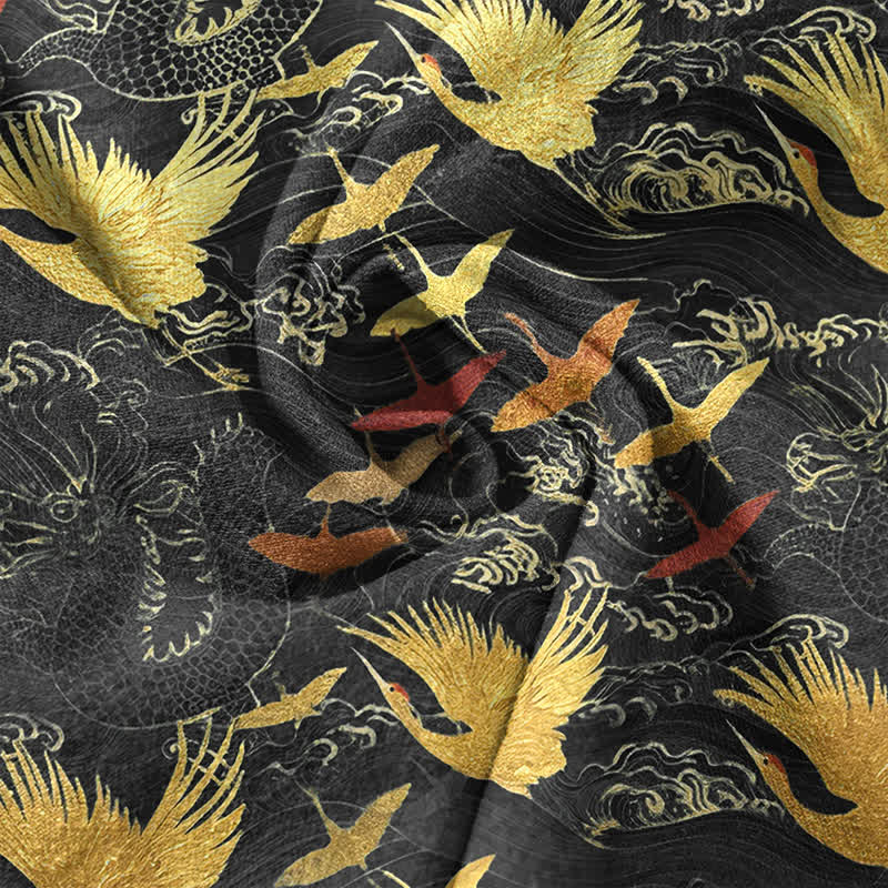 Buddha Stones Camisa de manga corta con medio botón para hombre, de algodón, con estampado de grullas voladoras y olas. - image 4