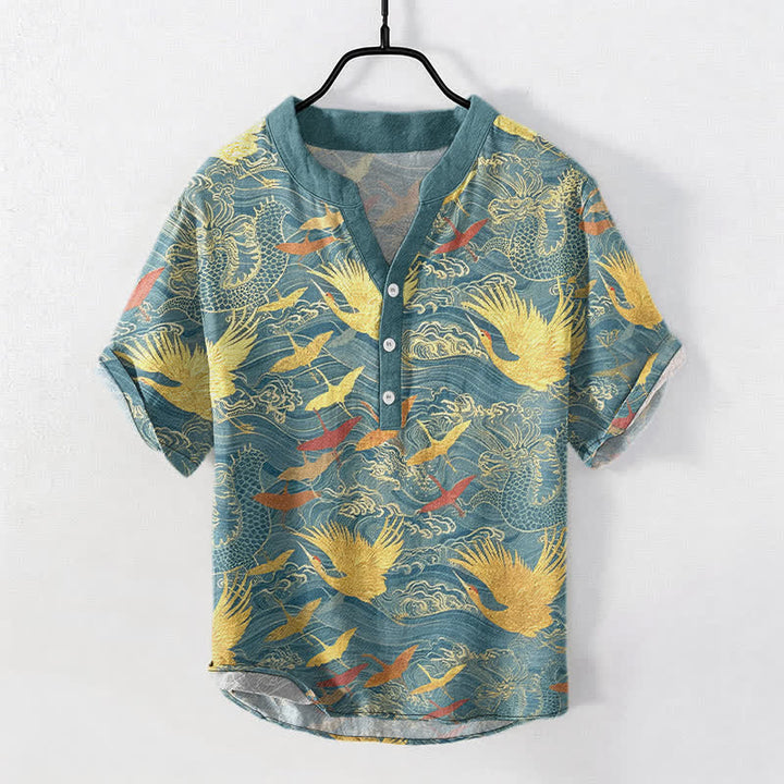 Buddha Stones Camisa de manga corta con medio botón para hombre, de algodón, con estampado de grullas voladoras y olas. - Verde azulado - US/UK/AU50, EU60 (5XL) - image 5