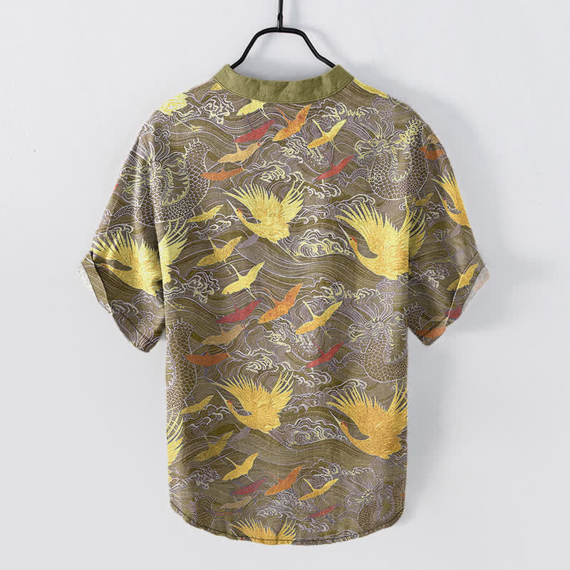 Buddha Stones Camisa de manga corta con medio botón para hombre, de algodón, con estampado de grullas voladoras y olas. - image 8
