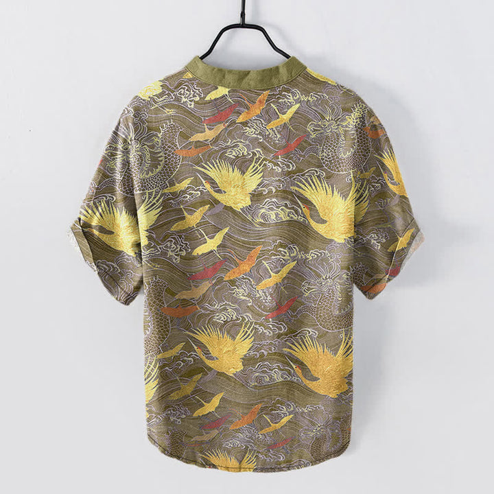 Buddha Stones Camisa de manga corta con medio botón para hombre, de algodón, con estampado de grullas voladoras y olas. - image 8