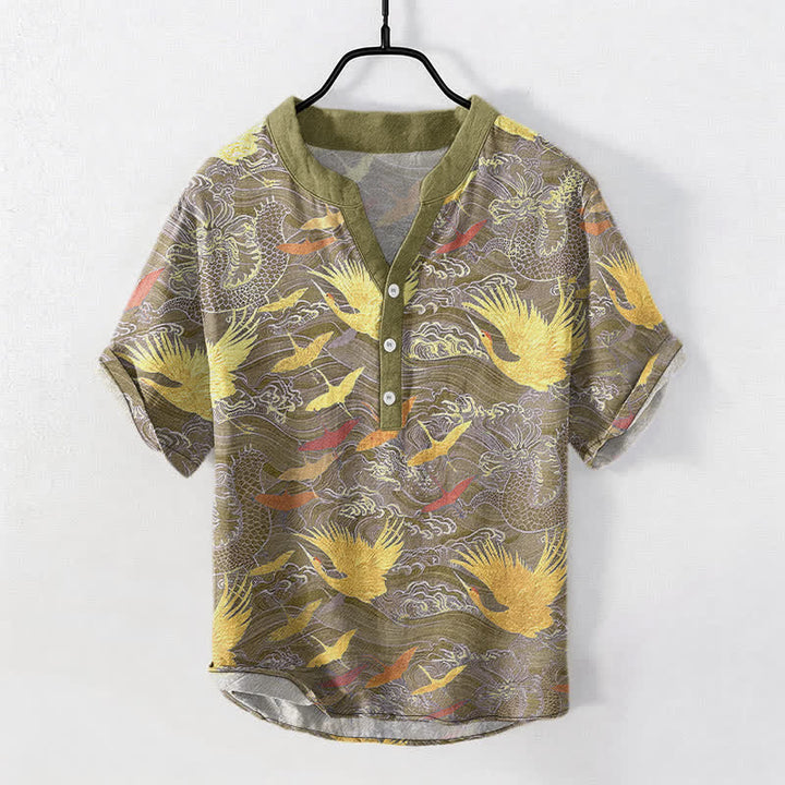 Buddha Stones Camisa de manga corta con medio botón para hombre, de algodón, con estampado de grullas voladoras y olas. - Aceituna - US/UK/AU50, EU60 (5XL) - image 7