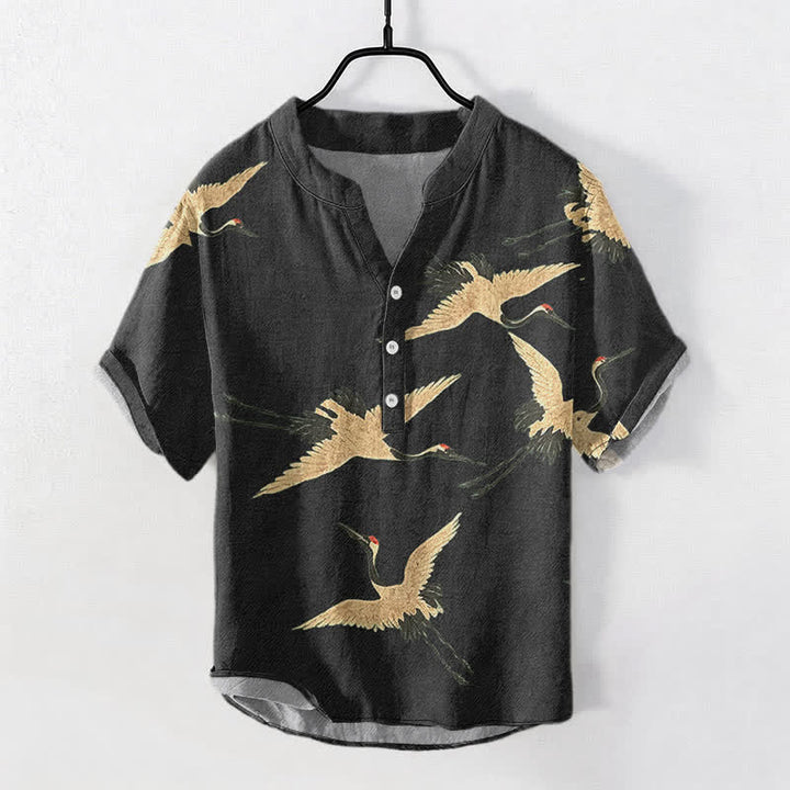 Buddha Stones Camisa de manga corta con medio botón y estampado de grullas voladoras de algodón para hombre - Negro - US/UK/AU50, EU60 (5XL) - image 5