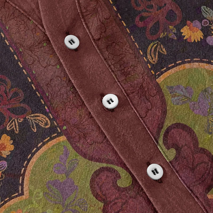 Buddha Stones Camisa de manga corta con medio botón y estampado floral barroco de algodón para hombre - image 3