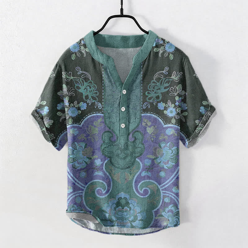 Buddha Stones Camisa de manga corta con medio botón y estampado floral barroco de algodón para hombre - Verde azulado - US/UK/AU50, EU60 (5XL) - image 7
