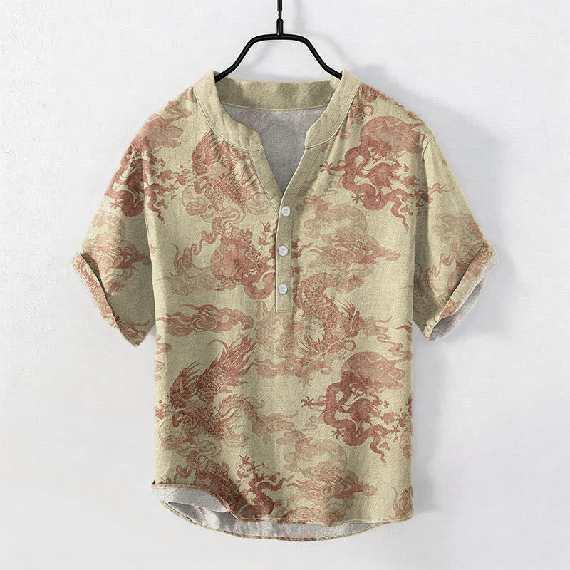 Buddha Stones Camisa de manga corta con medio botón y estampado de dragón vintage de algodón para hombre - Trigo - US/UK/AU50, EU60 (5XL) - image 0