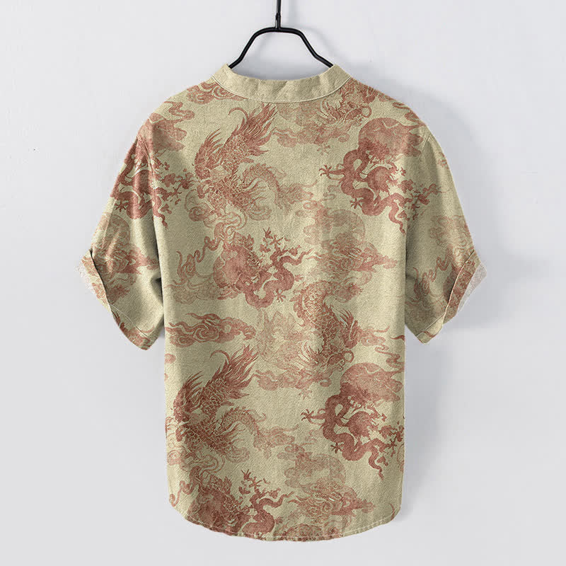 Buddha Stones Camisa de manga corta con medio botón y estampado de dragón vintage de algodón para hombre - image 1