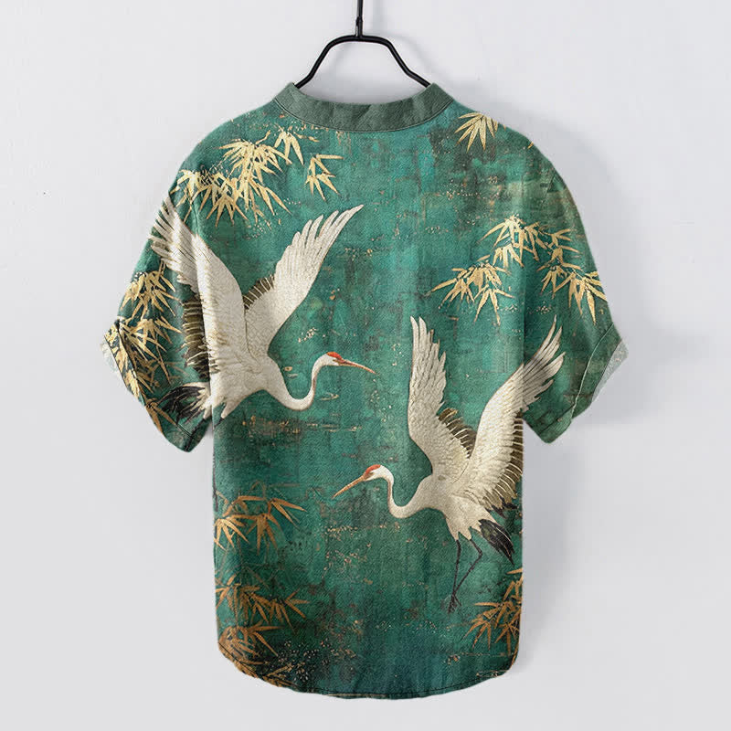 Buddha Stones Camisa de manga corta con medio botón y estampado de grullas de algodón para hombre - image 1