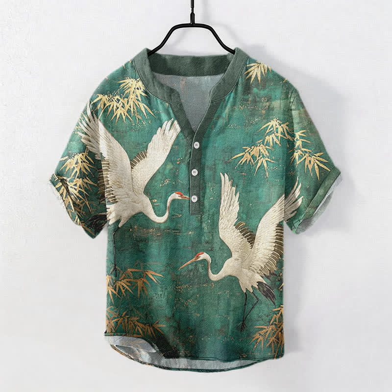 Buddha Stones Camisa de manga corta con medio botón y estampado de grullas de algodón para hombre - Verdemar - US/UK/AU50, EU60 (5XL) - image 0