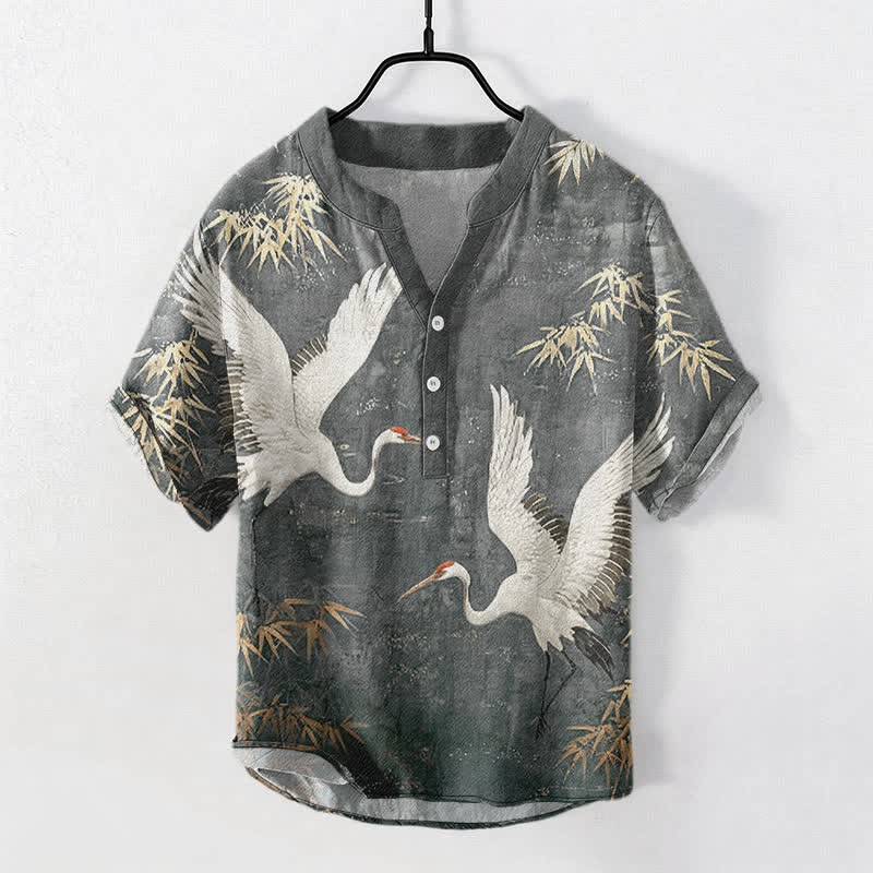 Buddha Stones Camisa de manga corta con medio botón y estampado de grullas de algodón para hombre - Gris oscuro - US/UK/AU50, EU60 (5XL) - image 5