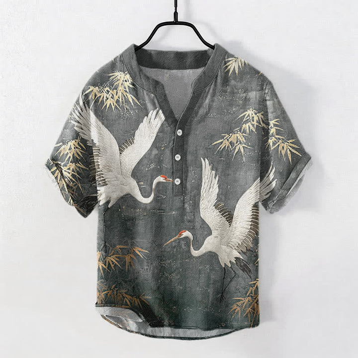 Buddha Stones Camisa de manga corta con medio botón y estampado de grullas de algodón para hombre - Gris oscuro - US/UK/AU50, EU60 (5XL) - image 5