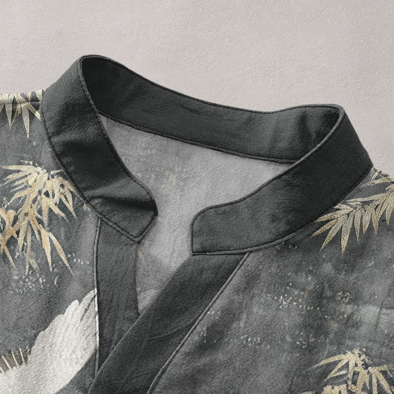 Buddha Stones Camisa de manga corta con medio botón y estampado de grullas de algodón para hombre - image 7