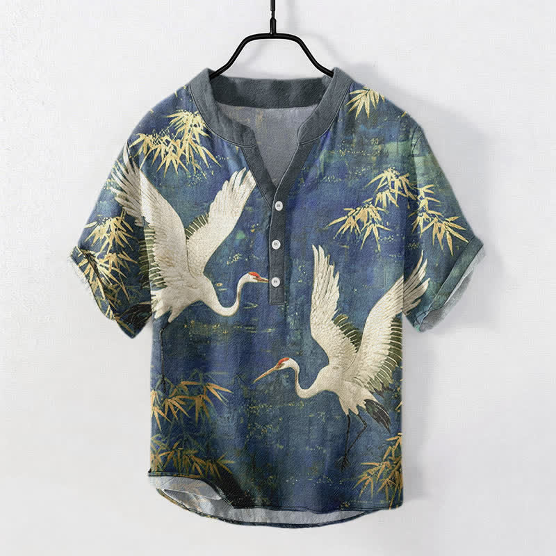 Buddha Stones Camisa de manga corta con medio botón y estampado de grullas de algodón para hombre - Marina de guerra - US/UK/AU50, EU60 (5XL) - image 7