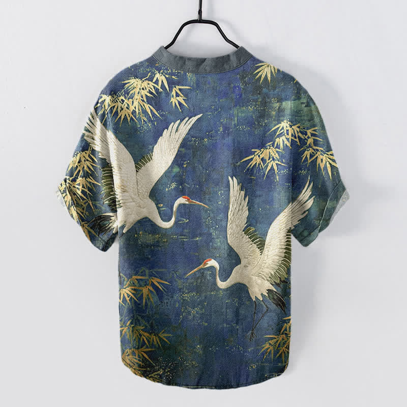 Buddha Stones Camisa de manga corta con medio botón y estampado de grullas de algodón para hombre - image 8