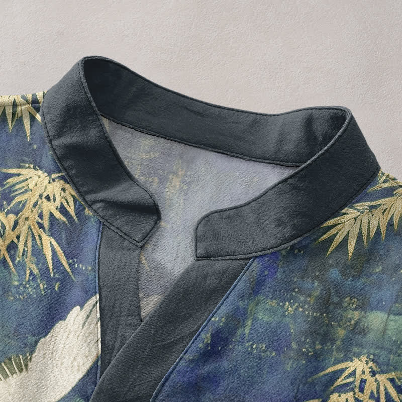 Buddha Stones Camisa de manga corta con medio botón y estampado de grullas de algodón para hombre - image 12