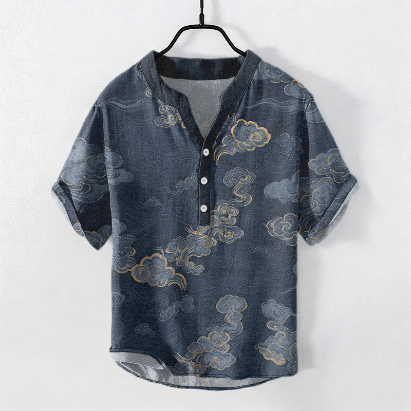 Buddha Stones Camisa de manga corta con medio botón para hombre, de algodón, con estampado de nubes auspiciosas. - Marina de guerra - US/UK/AU50, EU60 (5XL) - image 0
