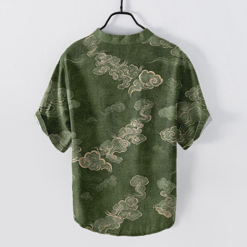 Buddha Stones Camisa de manga corta con medio botón para hombre, de algodón, con estampado de nubes auspiciosas. - image 8