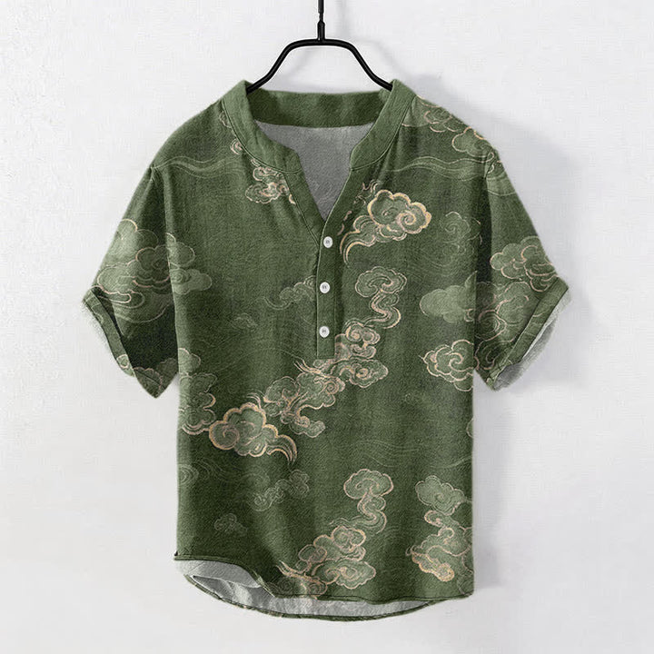 Buddha Stones Camisa de manga corta con medio botón para hombre, de algodón, con estampado de nubes auspiciosas. - Verde oliva - US/UK/AU50, EU60 (5XL) - image 7