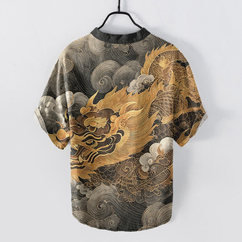 Buddha Stones Camisa de manga corta con medio botón y estampado de dragón dorado de algodón para hombre - image 1